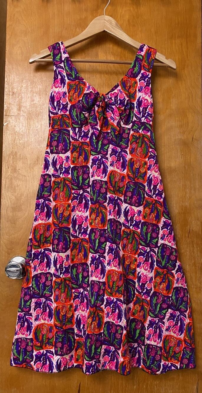 Vintage 70s Pomare Tahiti Hawaiian Midi Dress Empire Neon Psychedelic Sz 6 XS